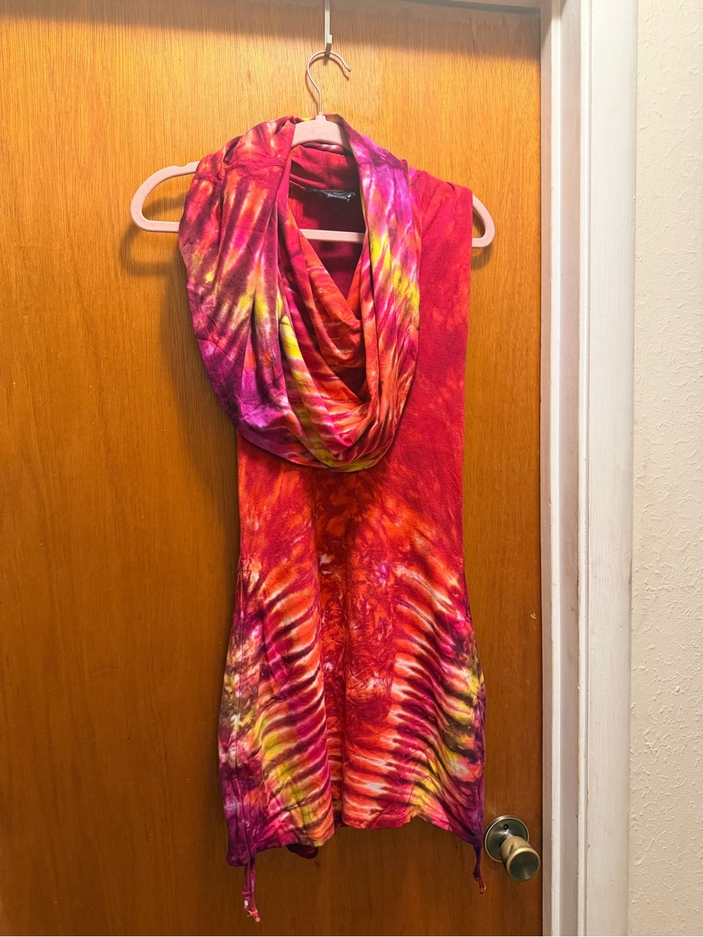Warrior Within Designs  Tie-Dye Cowl Neck Dress in Red, Pink & Yellow